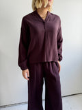 Plum Lightweight V-Neck Blouse with Elastic Sleeve
