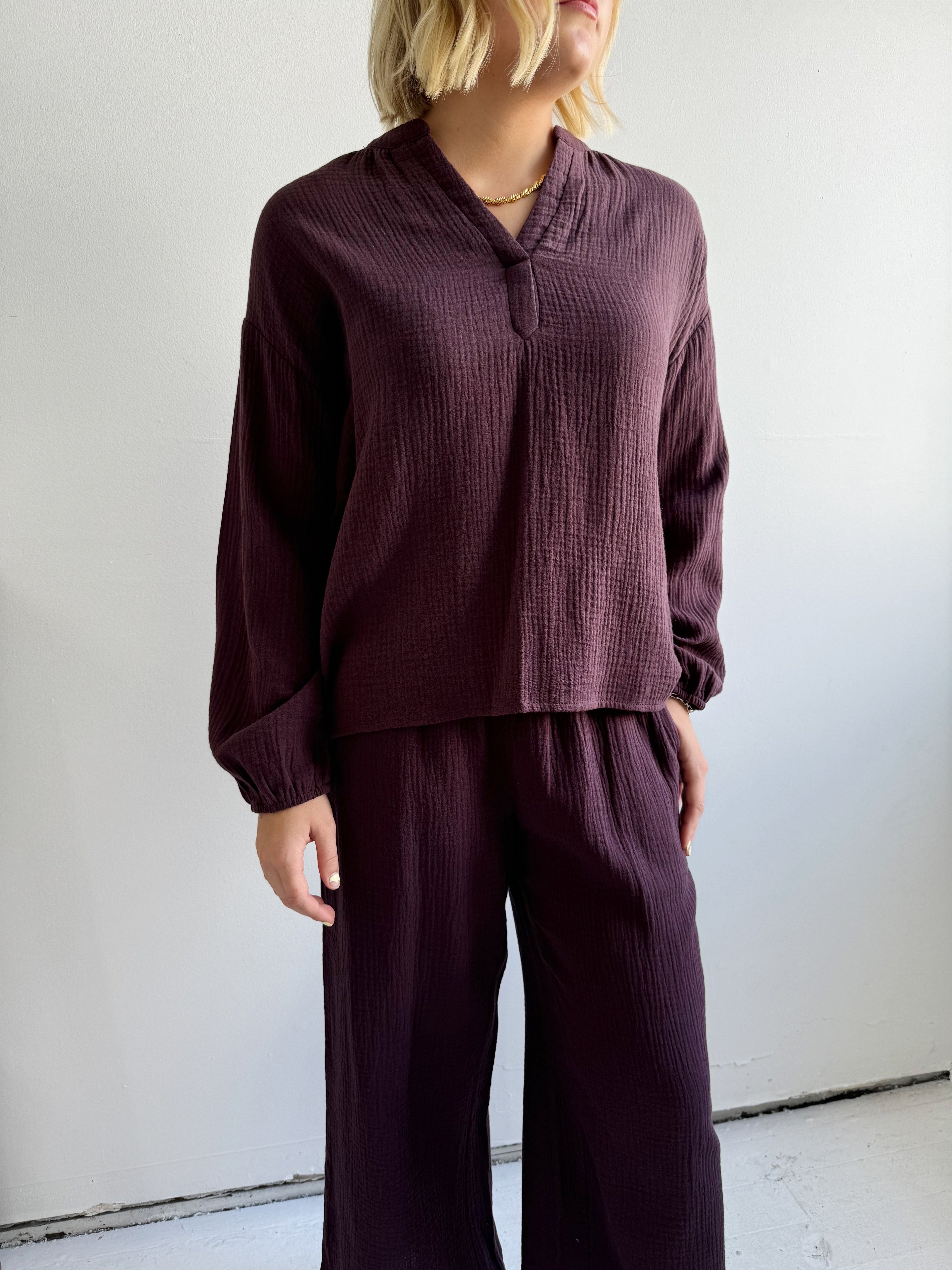 Plum Lightweight V-Neck Blouse with Elastic Sleeve