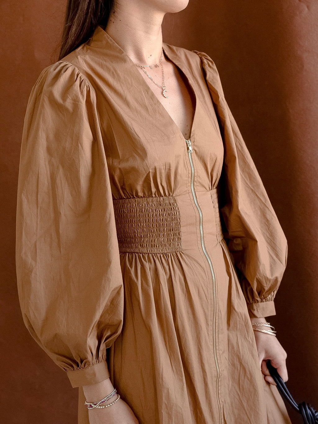 Cotton Puff Sleeve Dress with Gold Zipper and Gathered Waist