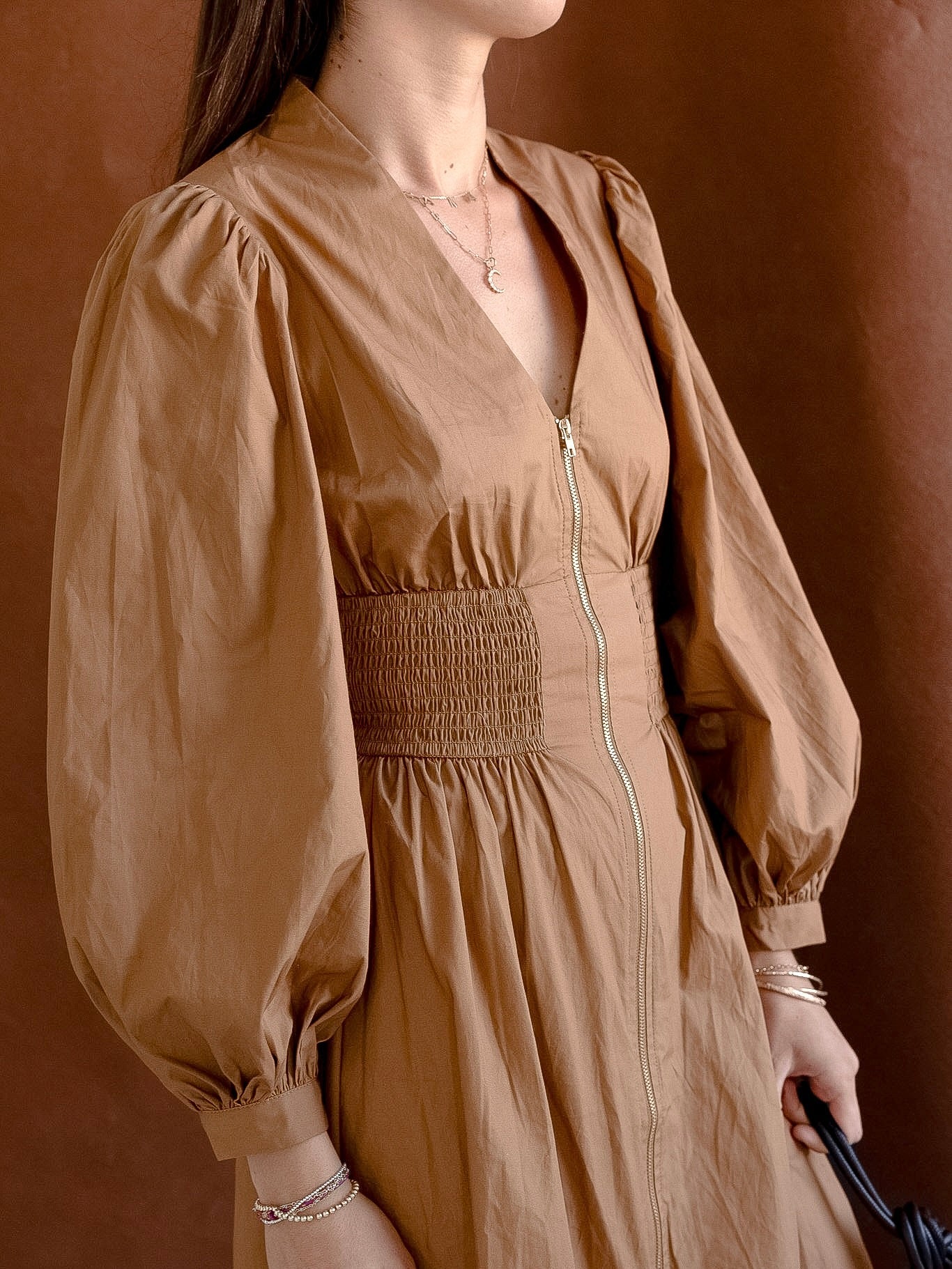 Cotton Puff Sleeve Dress with Gold Zipper and Gathered Waist