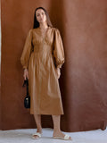 Cotton Puff Sleeve Dress with Gold Zipper and Gathered Waist
