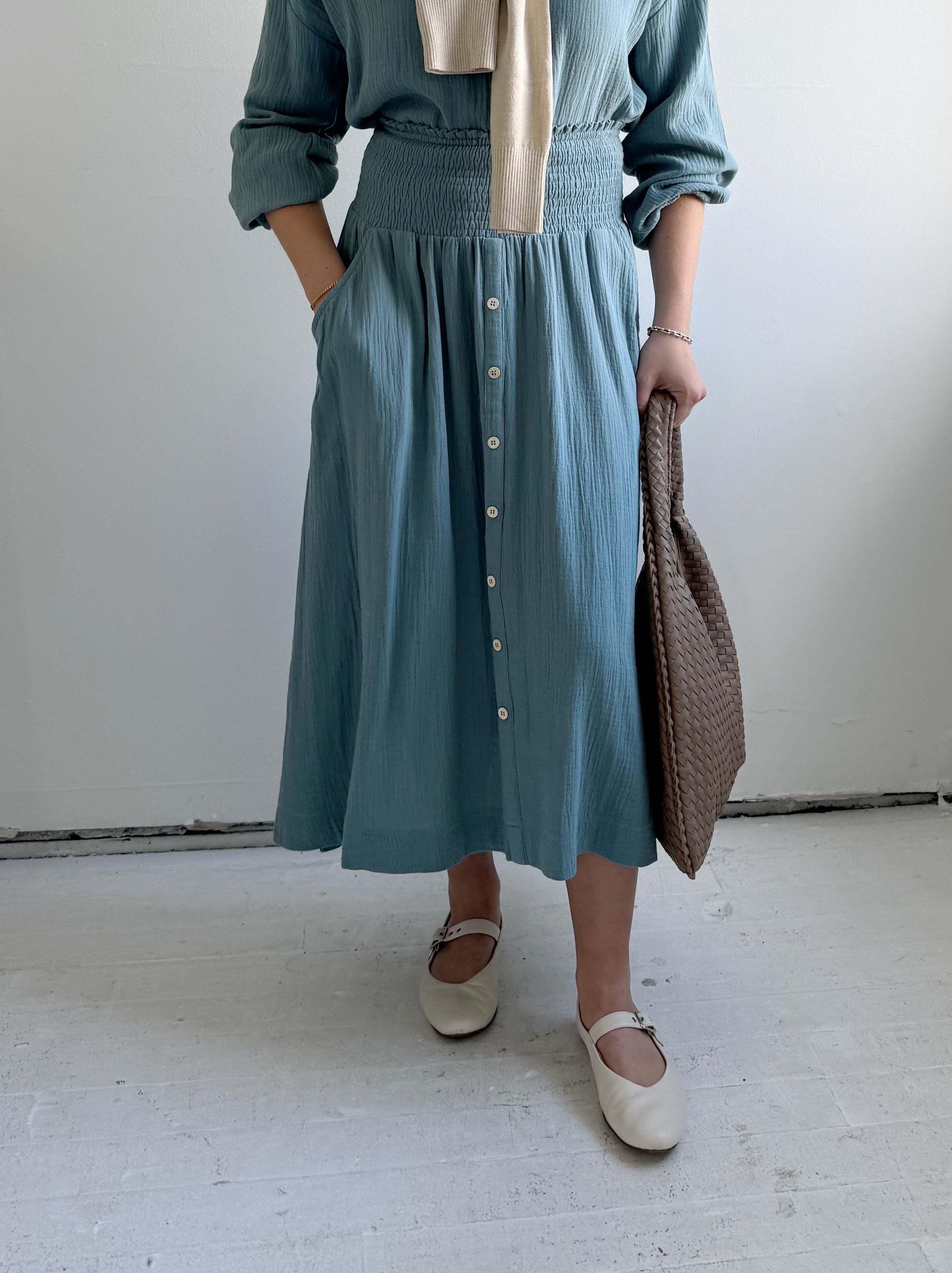 Sky Blue Cotton Midi Skirt with Button Front