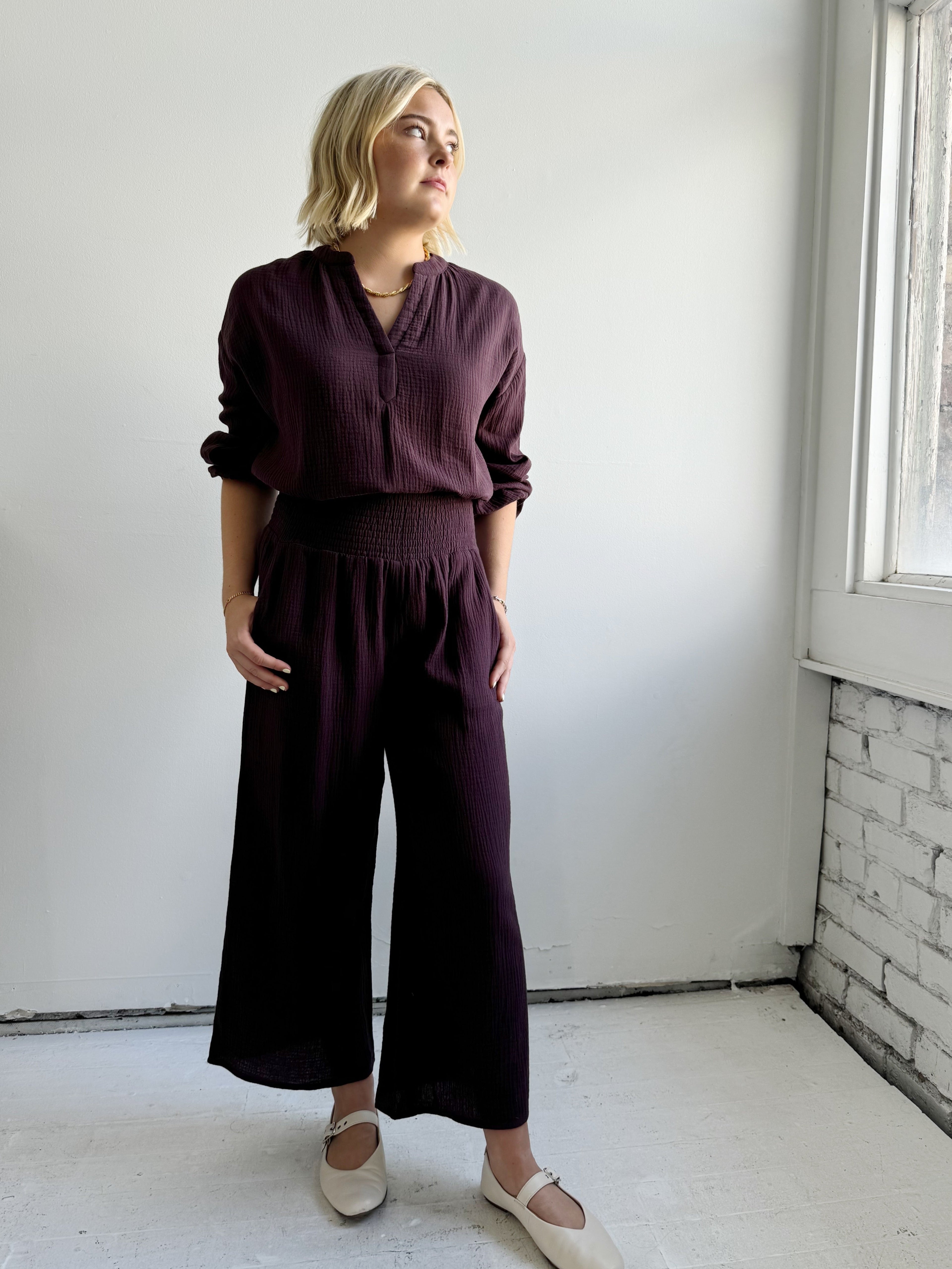 Plum Elastic Waist Cropped Wide-Leg Pants