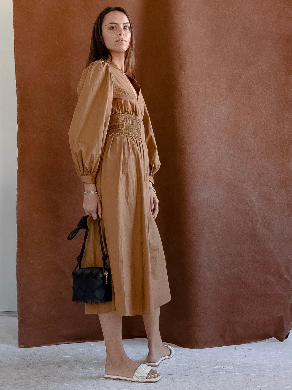 Cotton Puff Sleeve Dress with Gold Zipper and Gathered Waist
