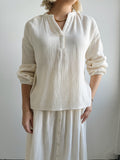 Ivory Lightweight V-Neck Blouse with Elastic Sleeve