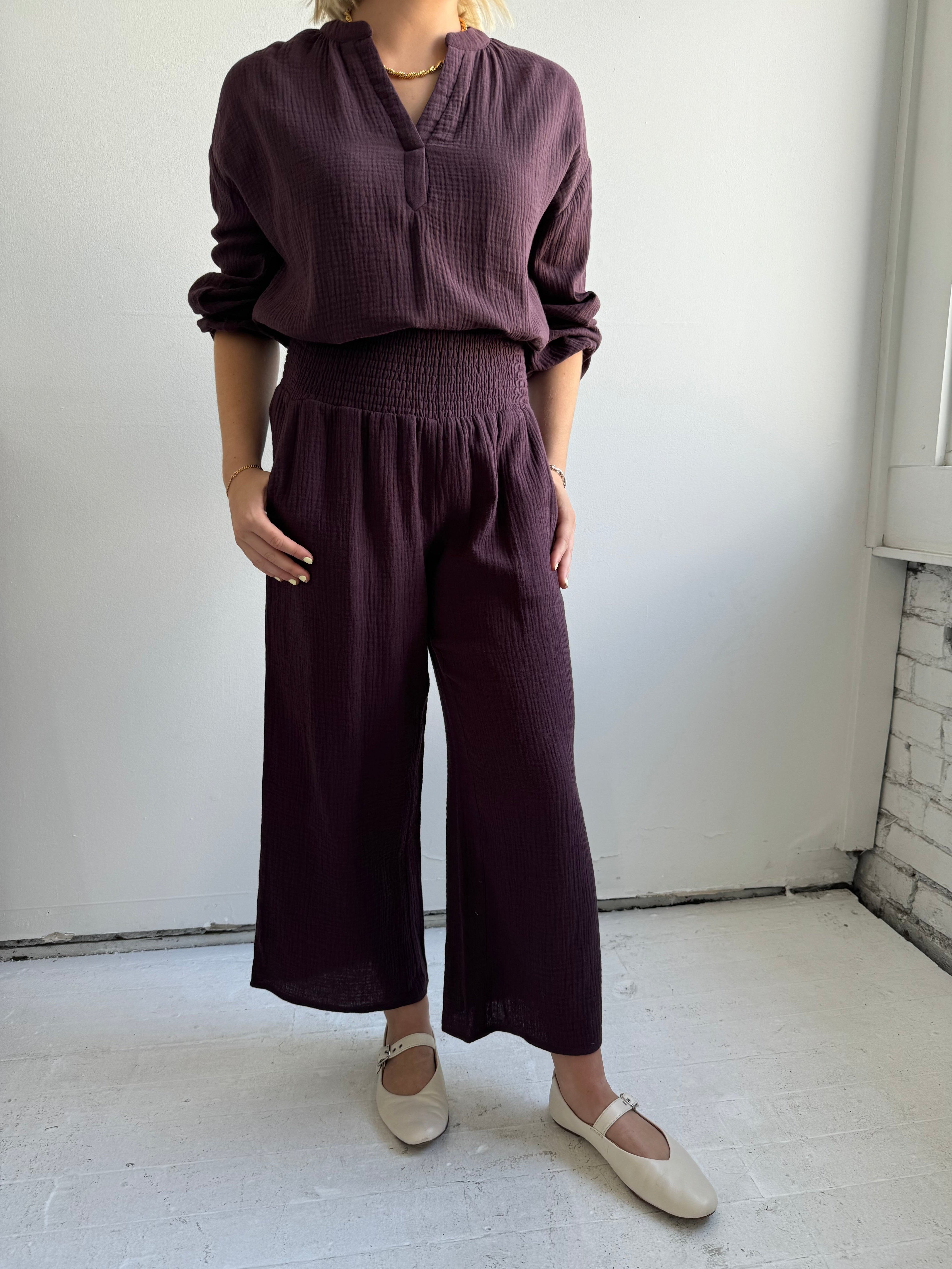 Plum Elastic Waist Cropped Wide-Leg Pants