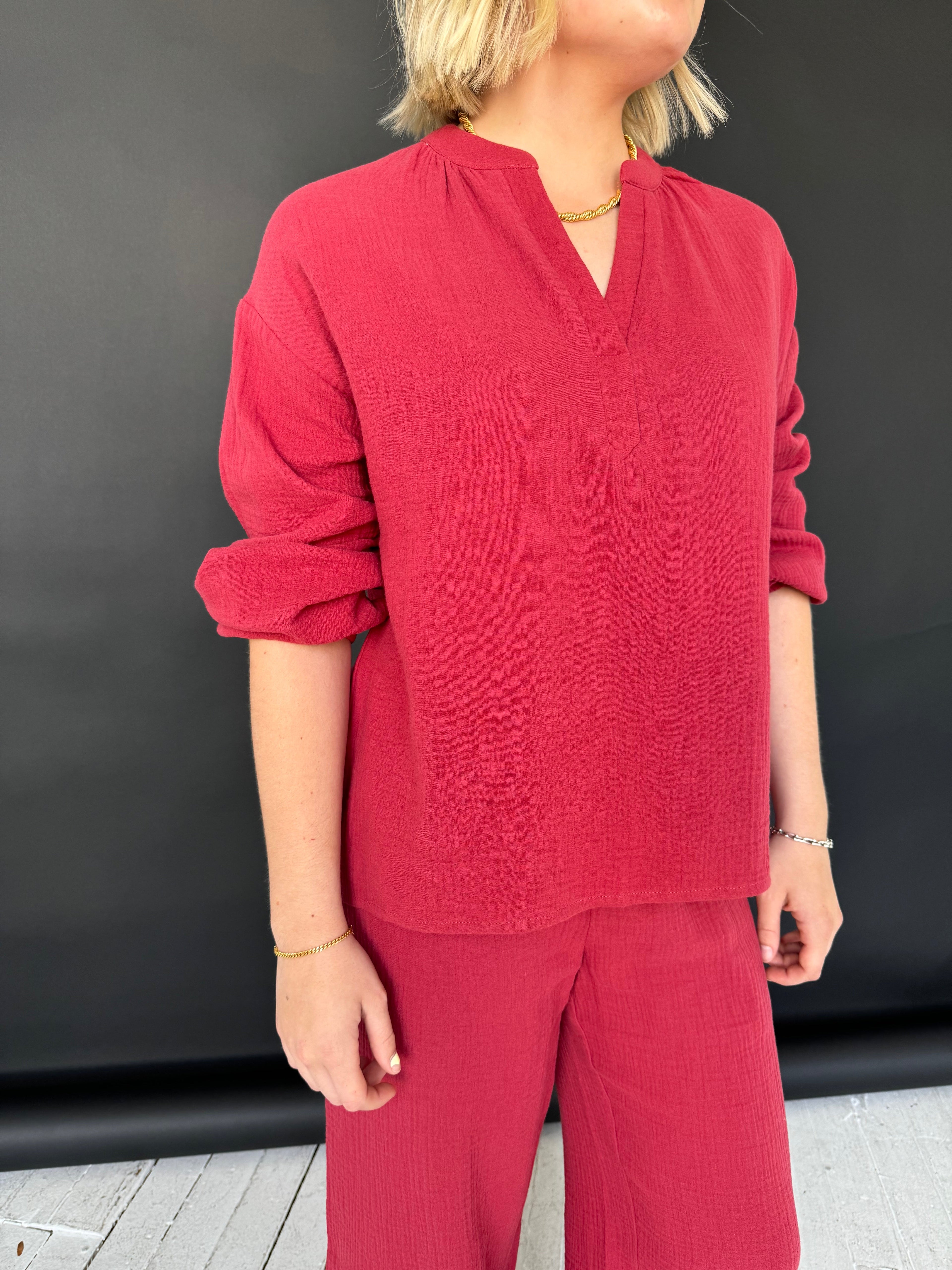 Scarlet Lightweight V-Neck Blouse with Elastic Sleeve