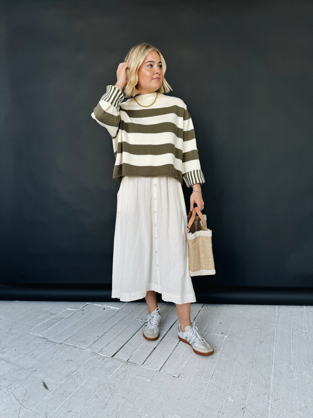 Ivory Cotton Midi Skirt with Button Front
