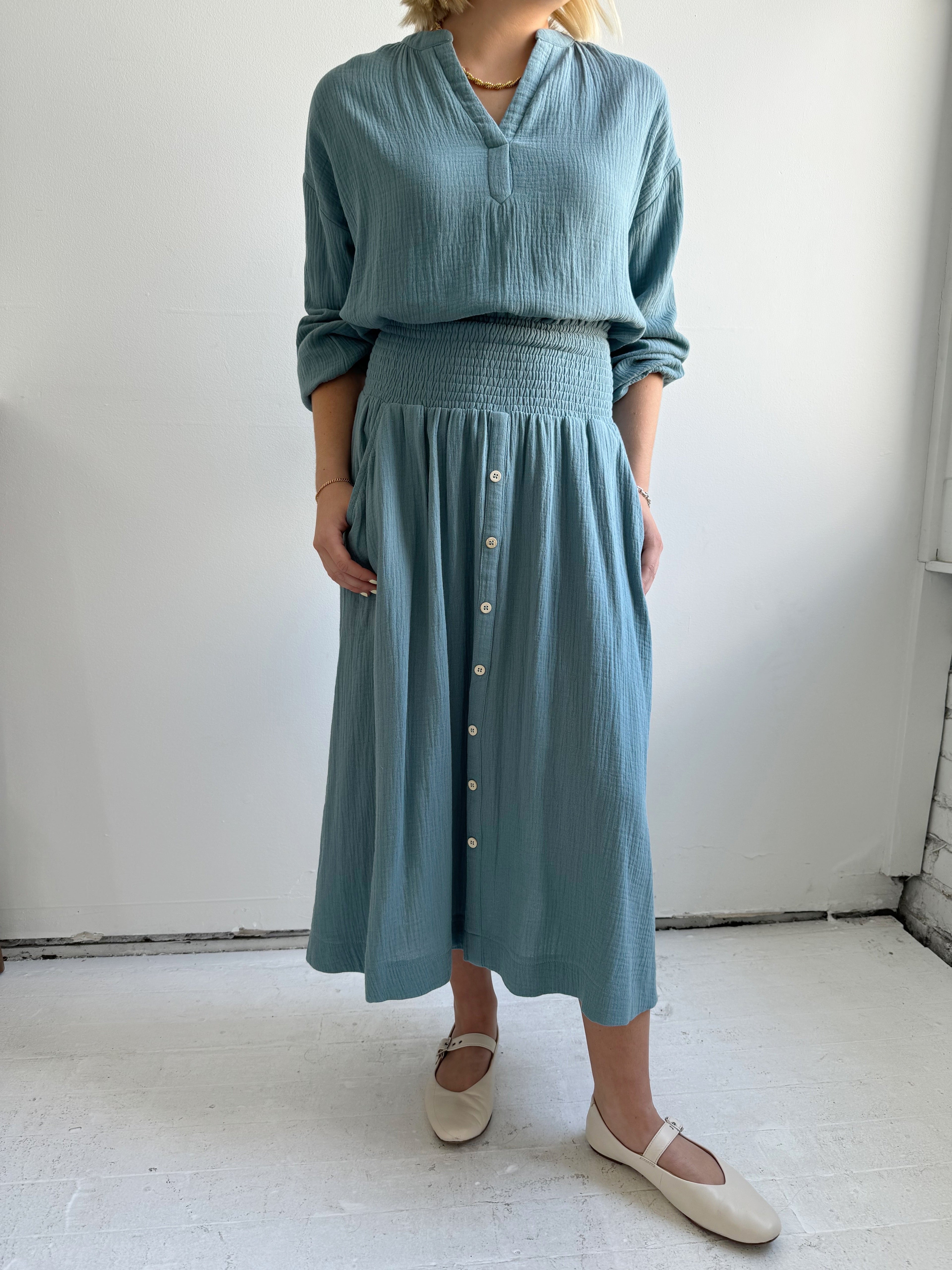 Sky Blue Cotton Midi Skirt with Button Front