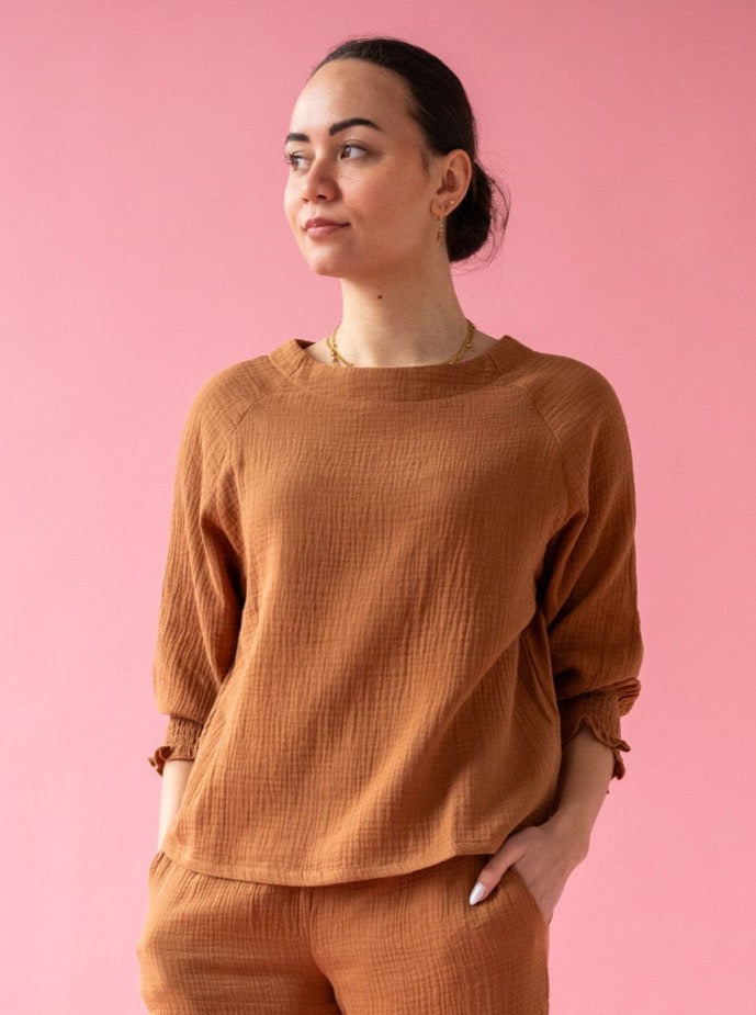Toffee Lightweight Blouse with Elastic Sleeve
