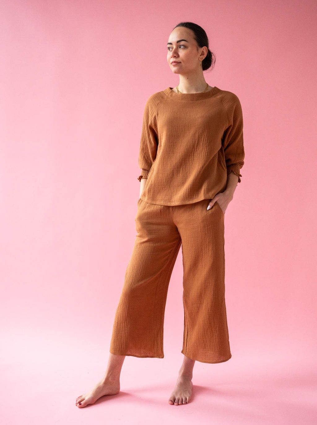 Toffee Lightweight Blouse with Elastic Sleeve