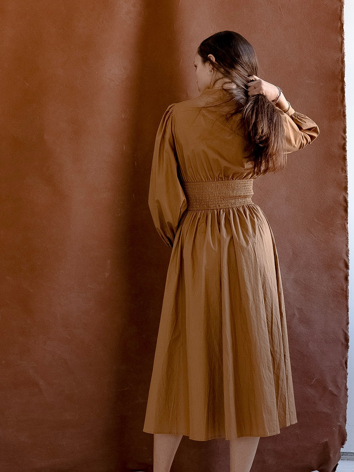 Cotton Puff Sleeve Dress with Gold Zipper and Gathered Waist