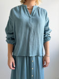 Sky Blue Lightweight V-Neck Blouse with Elastic Sleeve