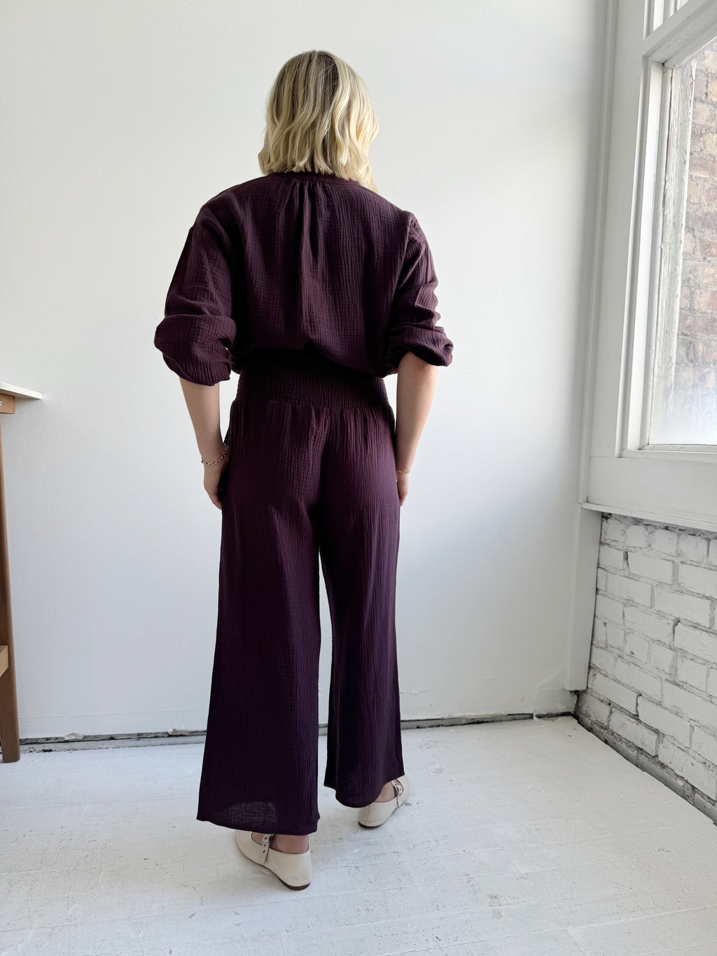 Plum Elastic Waist Cropped Wide-Leg Pants