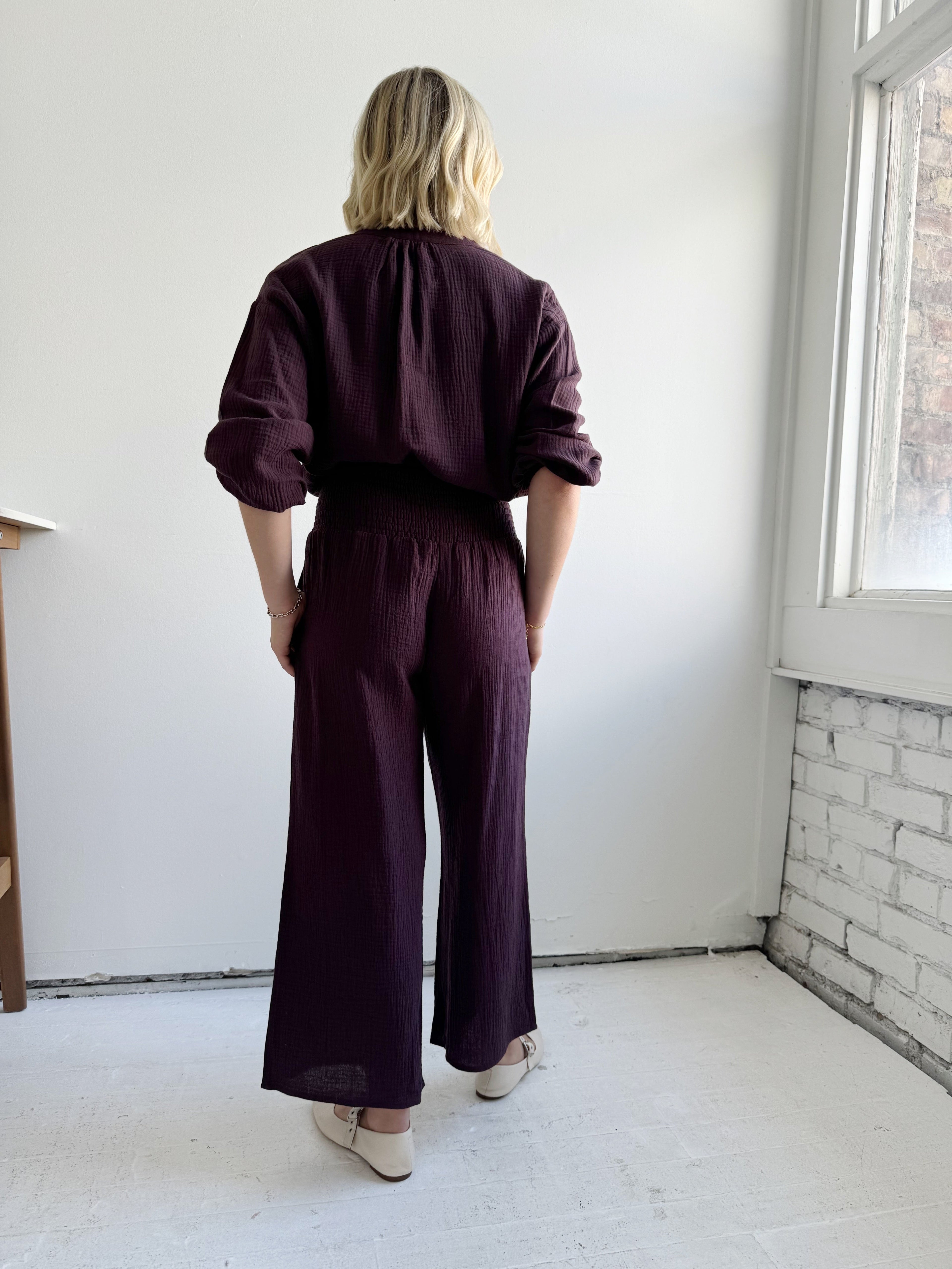 Plum Elastic Waist Cropped Wide-Leg Pants