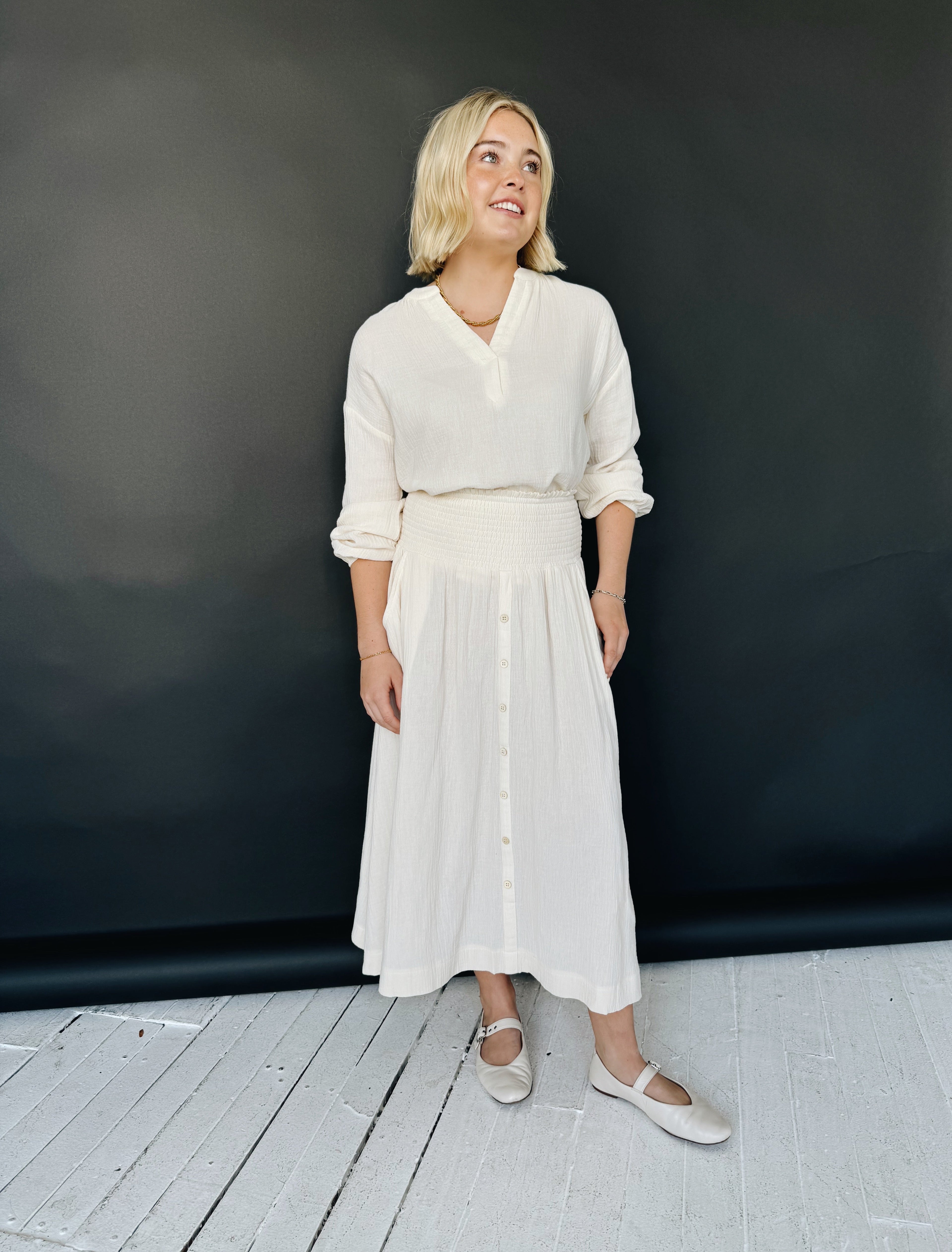 Ivory Cotton Midi Skirt with Button Front
