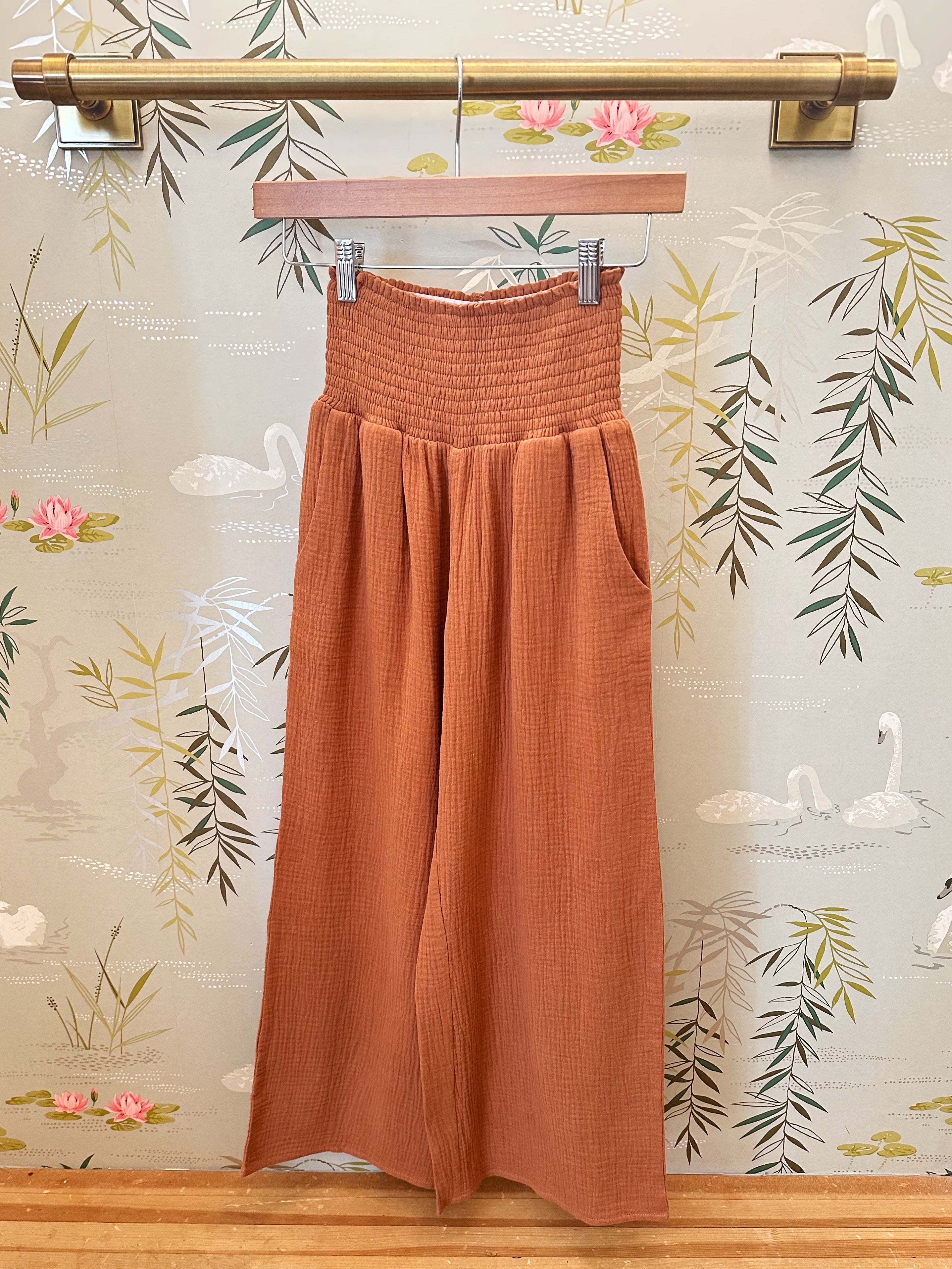 Toffee Elastic Waist Cropped Wide-Leg Pants