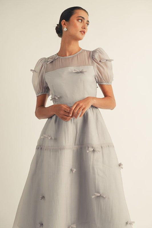 Festive Puff Sleeve Bow Full Skirt Dress