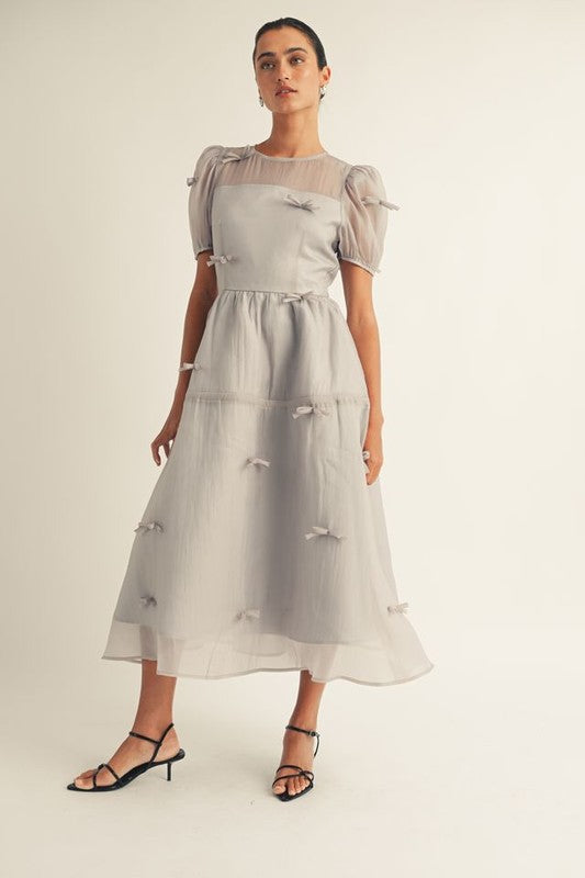 Festive Puff Sleeve Bow Full Skirt Dress