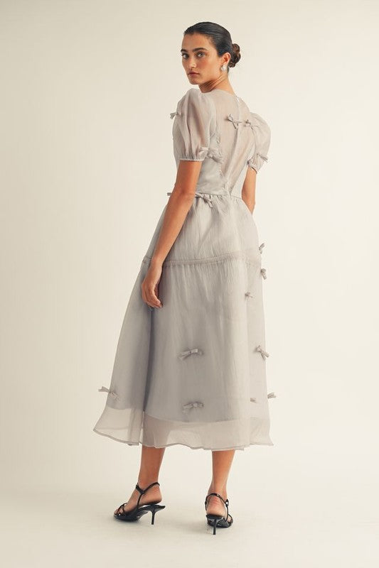 Festive Puff Sleeve Bow Full Skirt Dress
