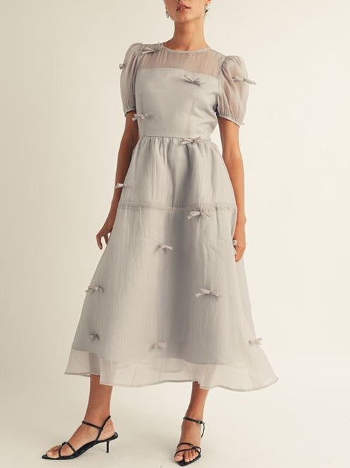 Festive Puff Sleeve Bow Full Skirt Dress