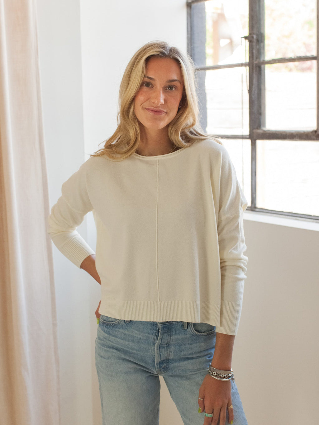 Cream Long Sleeve Crew Neck Knit Sweater