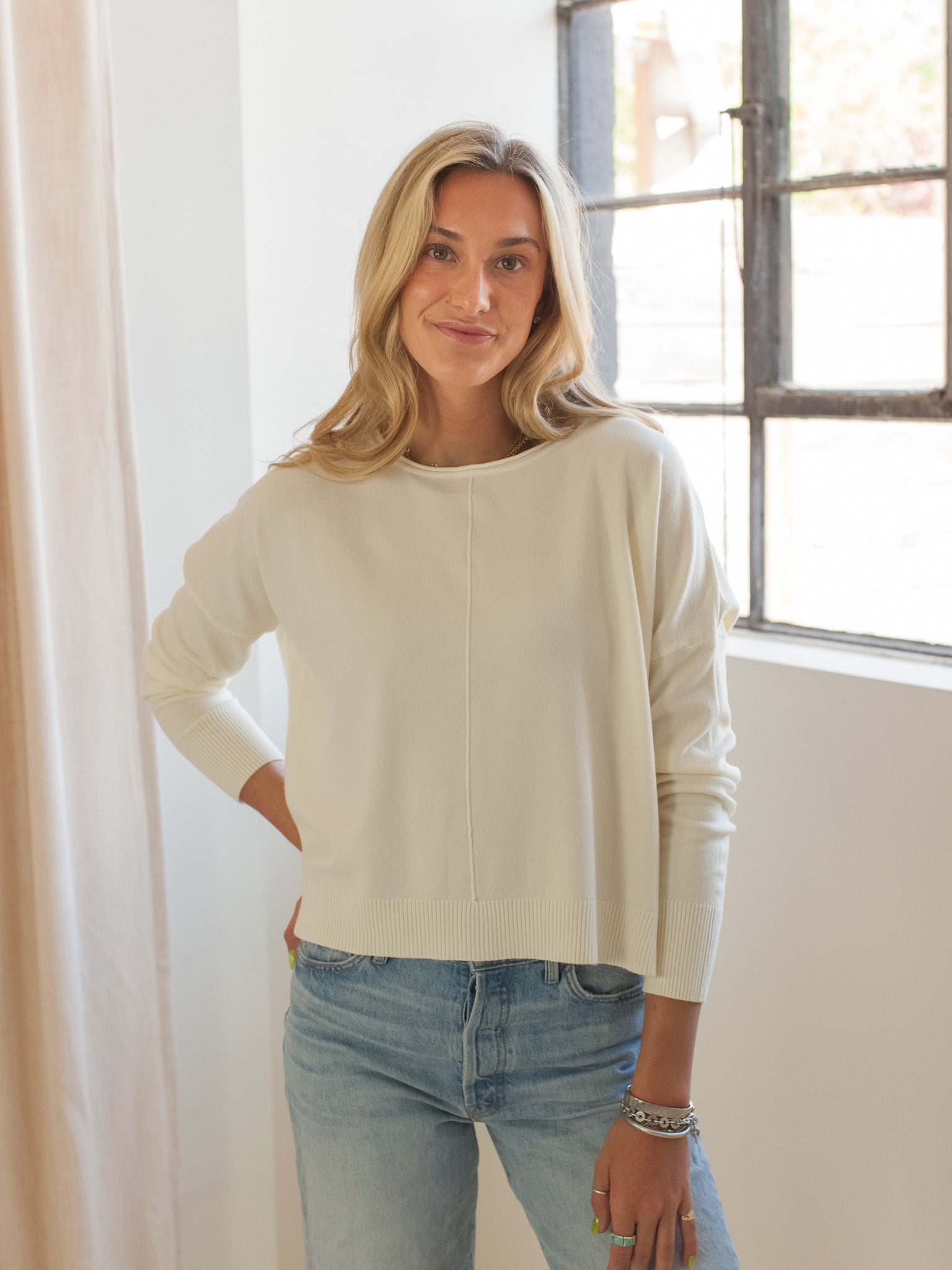 Cream Long Sleeve Crew Neck Knit Sweater