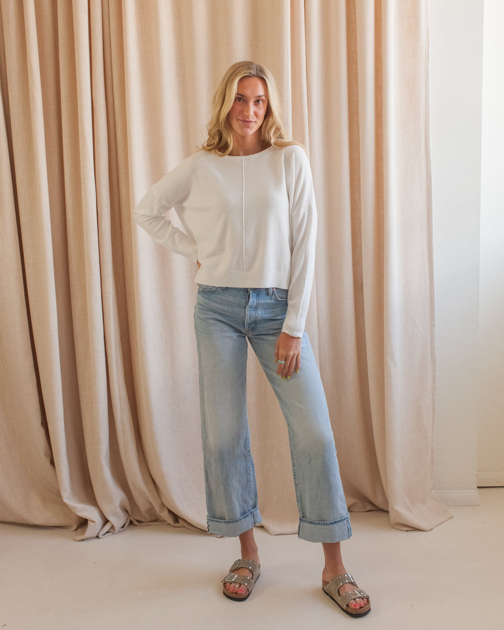 Ivory Long Sleeve Crew Neck Knit Sweater