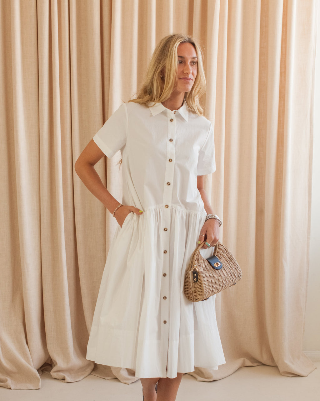 Cotton Button-Front Shirt Dress with Collar and Pockets
