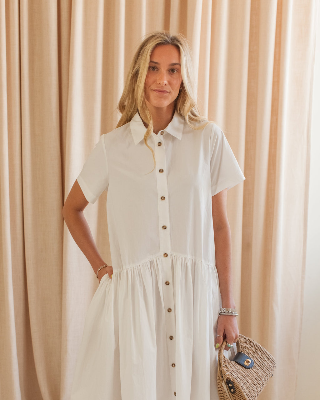 Cotton Button-Front Shirt Dress with Collar and Pockets