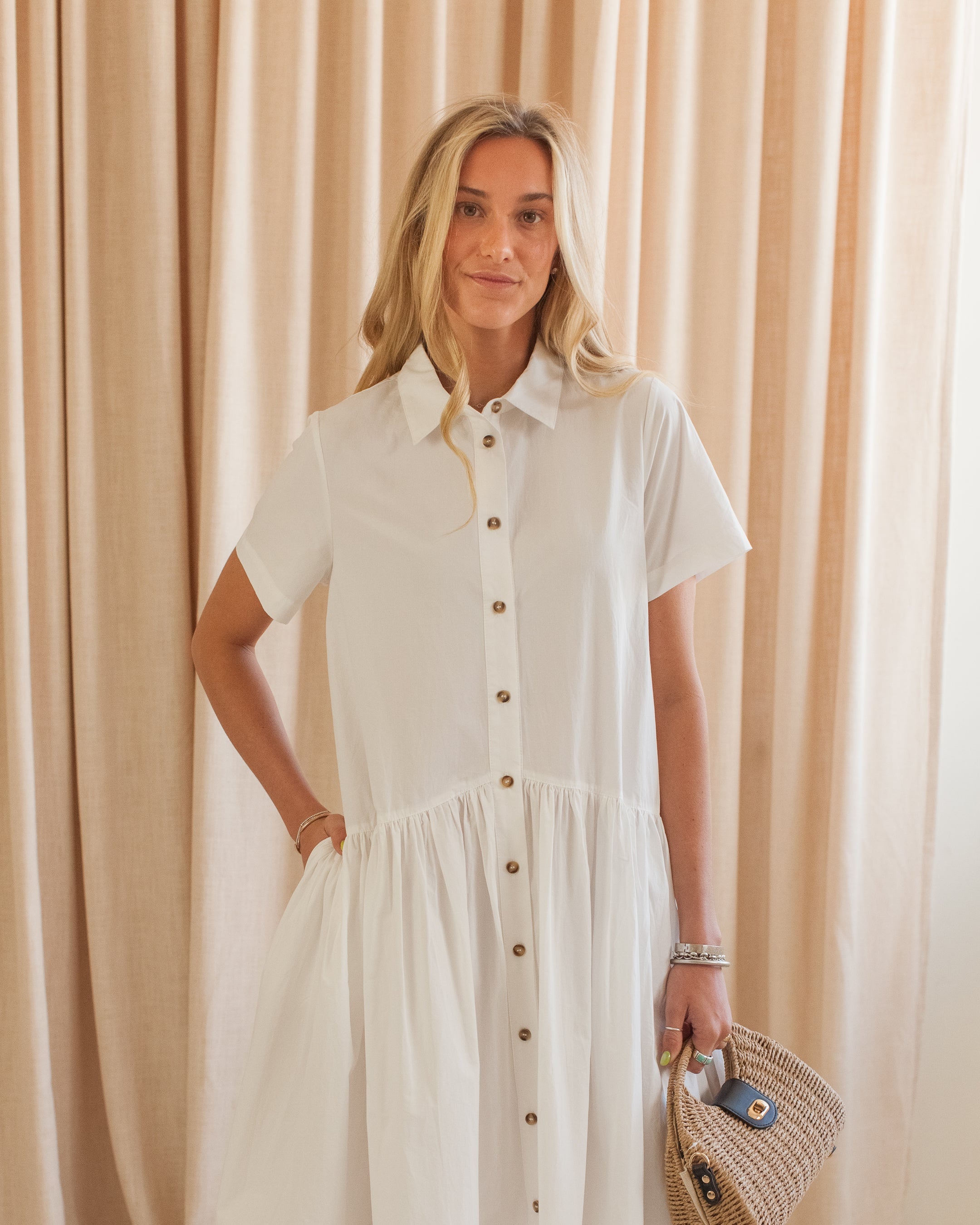 Cotton Button-Front Shirt Dress with Collar and Pockets