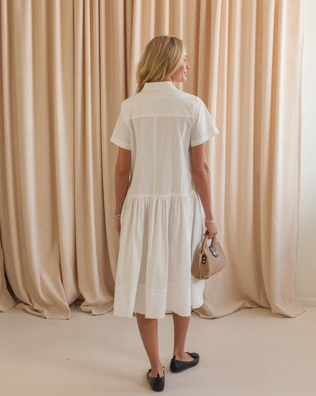 Cotton Button-Front Shirt Dress with Collar and Pockets