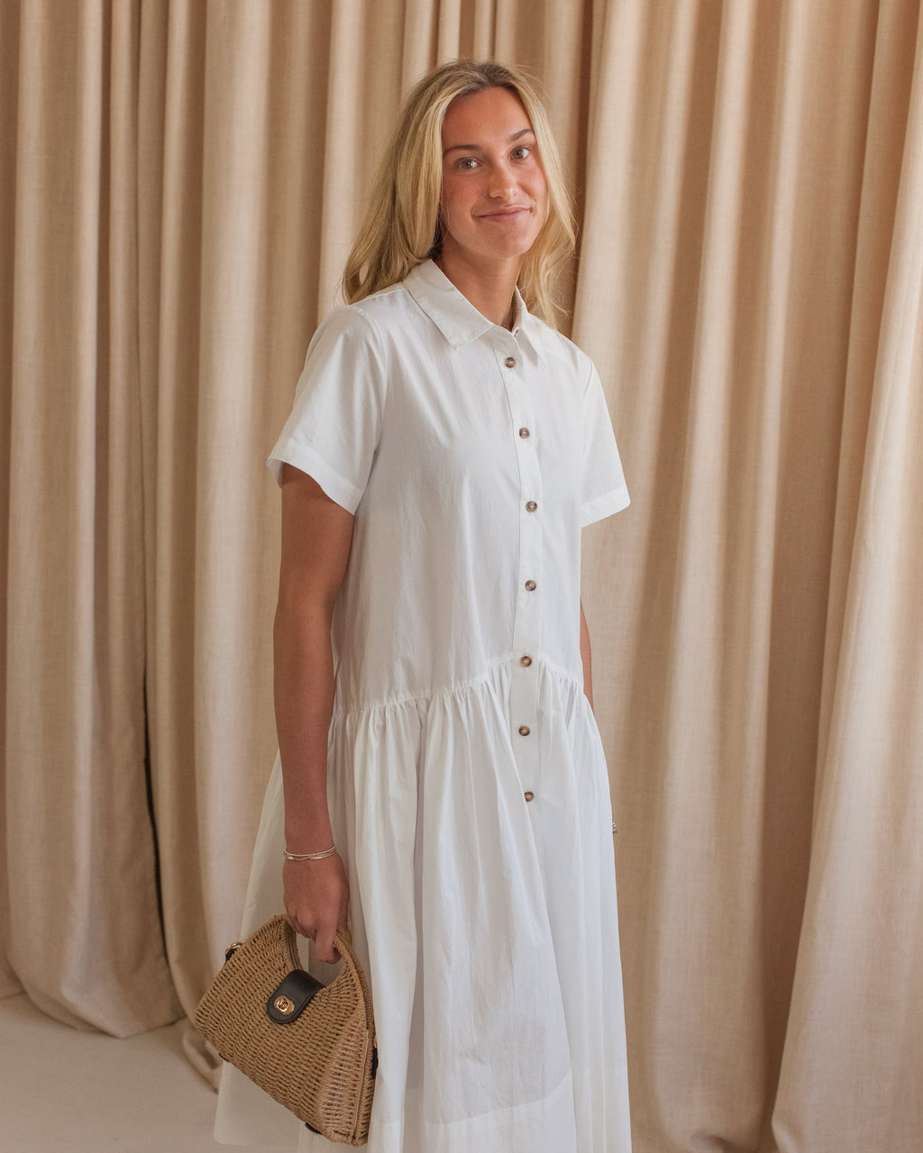Cotton Button-Front Shirt Dress with Collar and Pockets