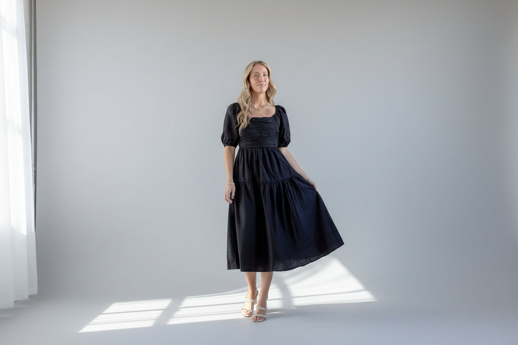Black Square Neck Puff Sleeve Tiered Dress