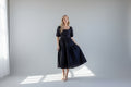 Black Square Neck Puff Sleeve Tiered Dress