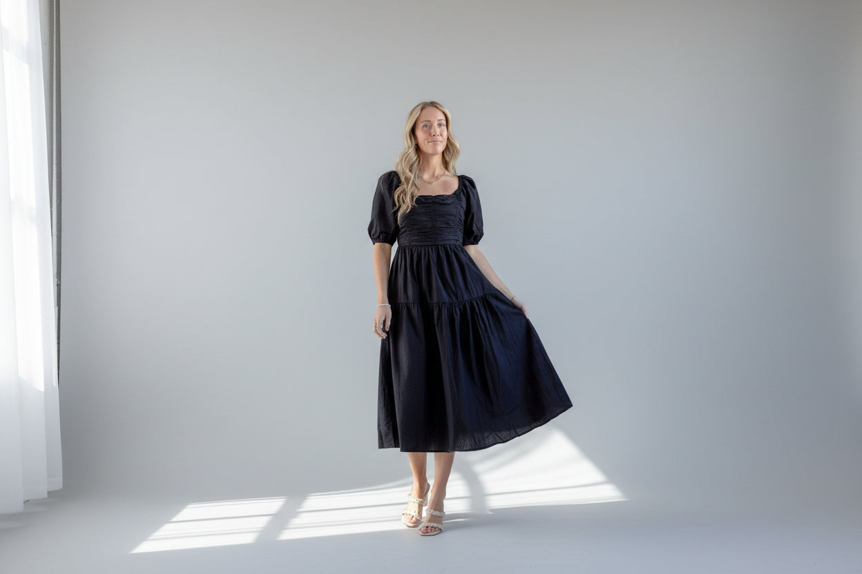 Black Square Neck Puff Sleeve Tiered Dress