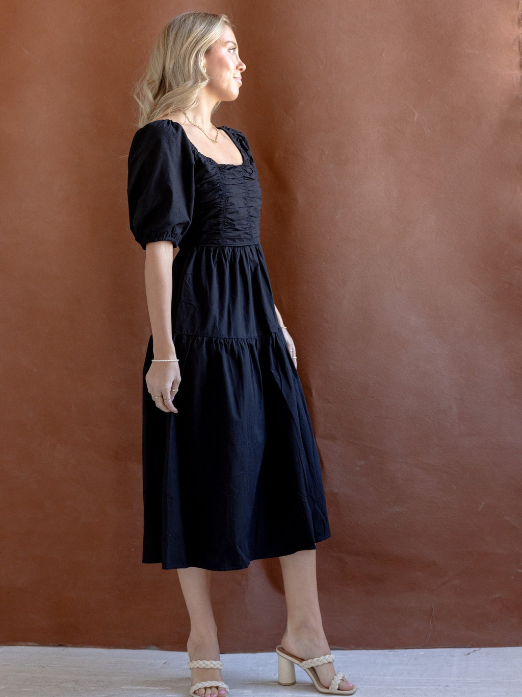 Black Square Neck Puff Sleeve Tiered Dress