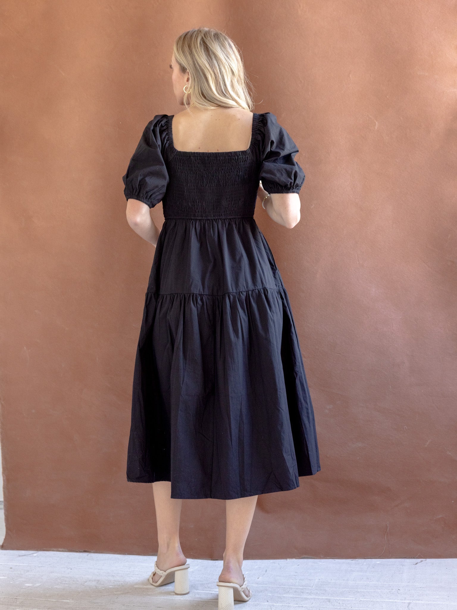 Black Square Neck Puff Sleeve Tiered Dress