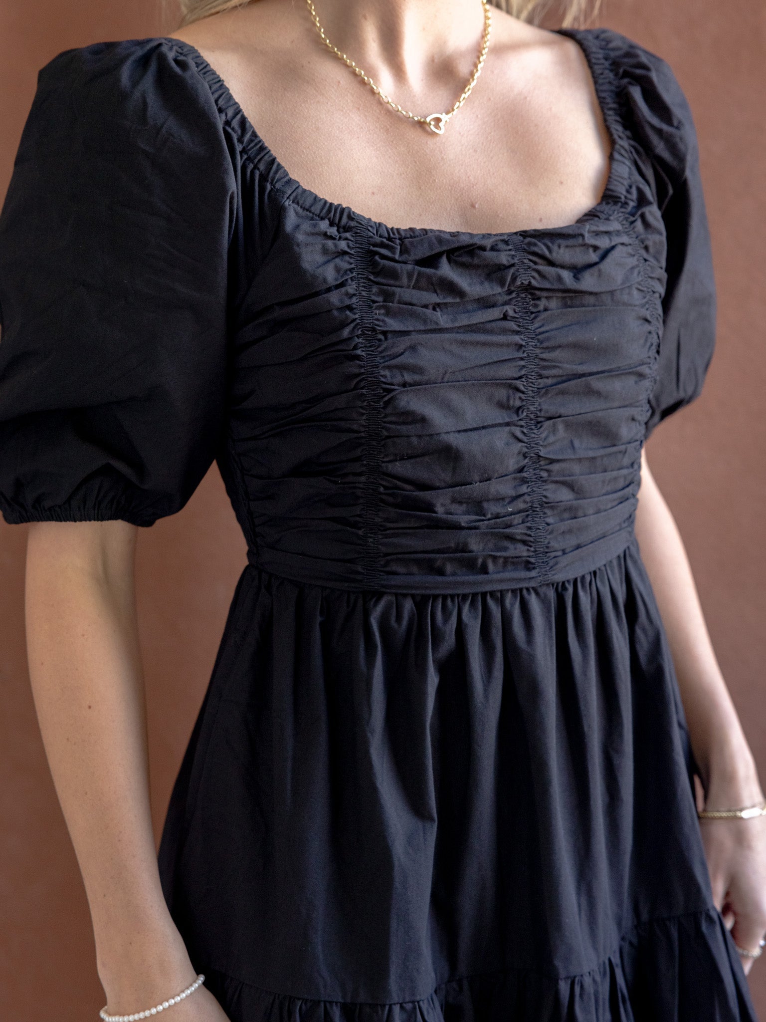 Black Square Neck Puff Sleeve Tiered Dress