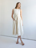Belted Cotton Midi Dress with Pleated Skirt and Pockets