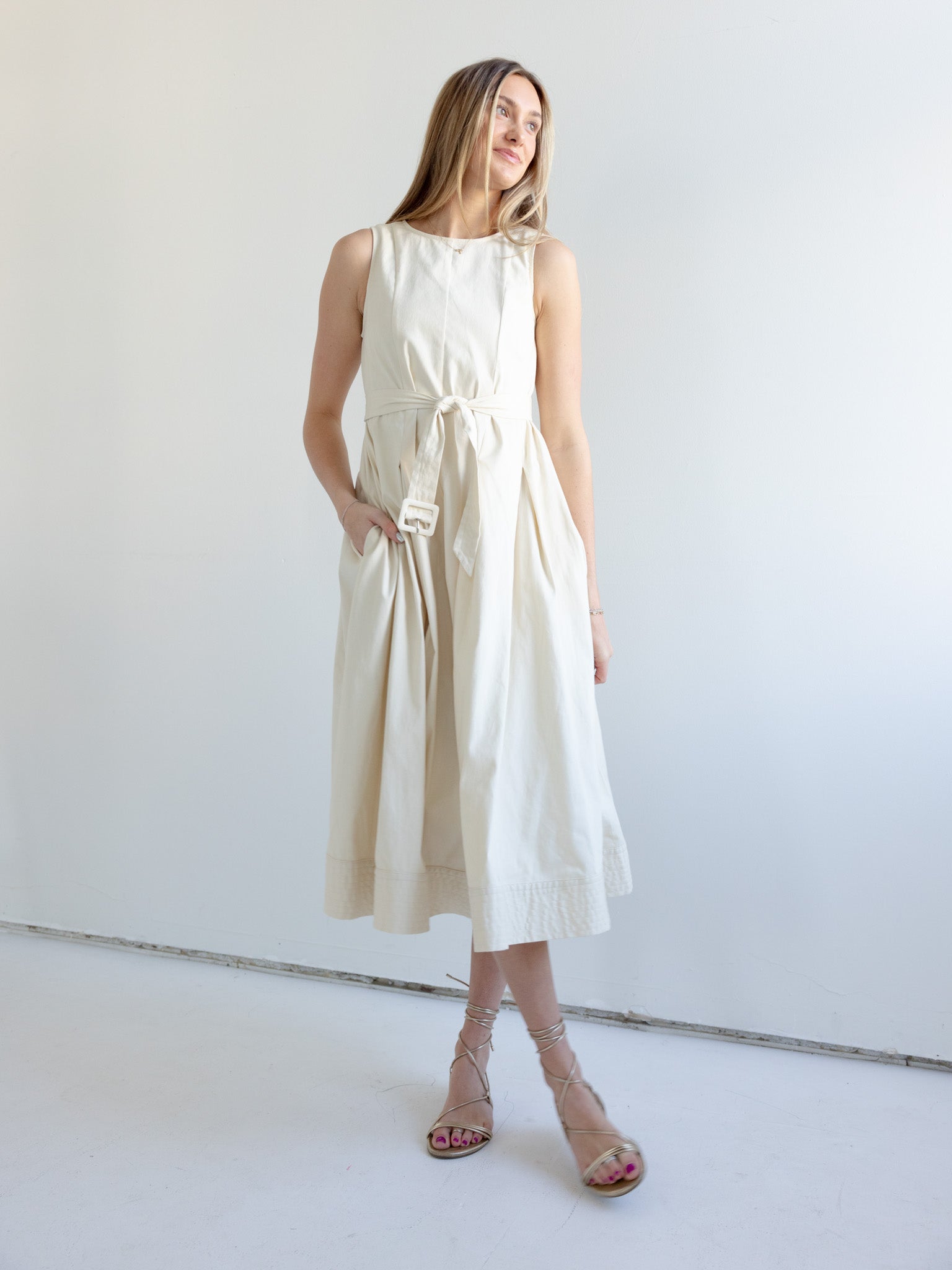 Belted Cotton Midi Dress with Pleated Skirt and Pockets