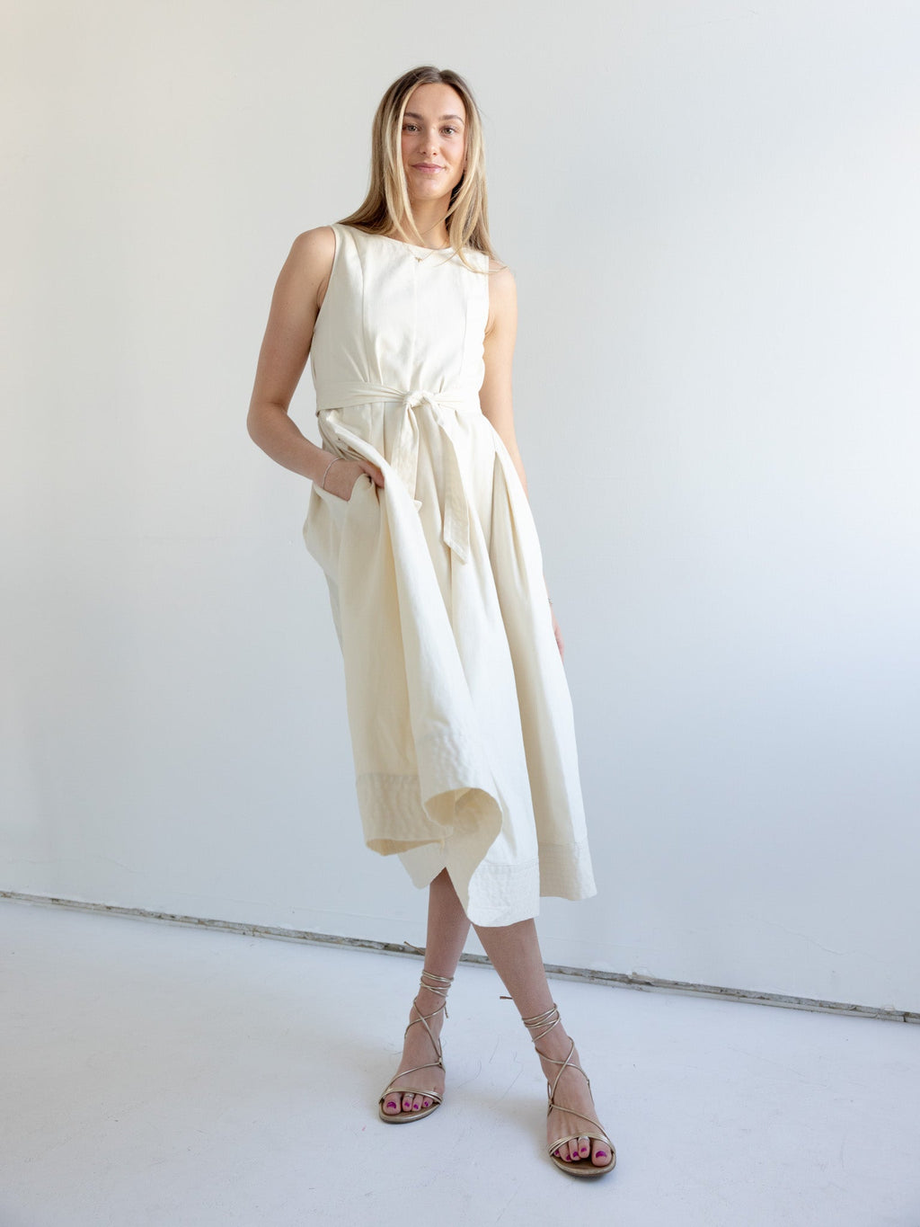 Belted Cotton Midi Dress with Pleated Skirt and Pockets