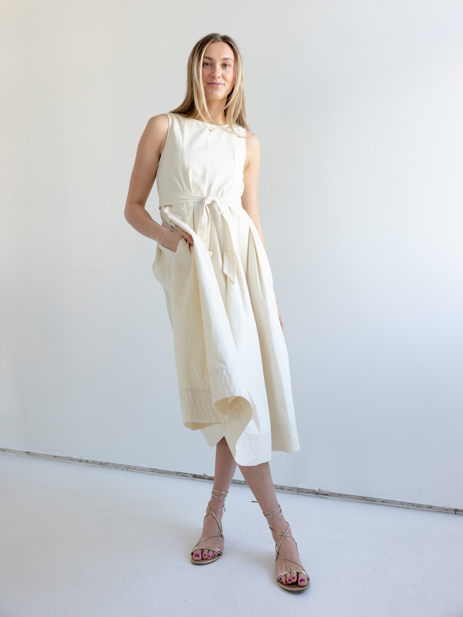 Belted Cotton Midi Dress with Pleated Skirt and Pockets