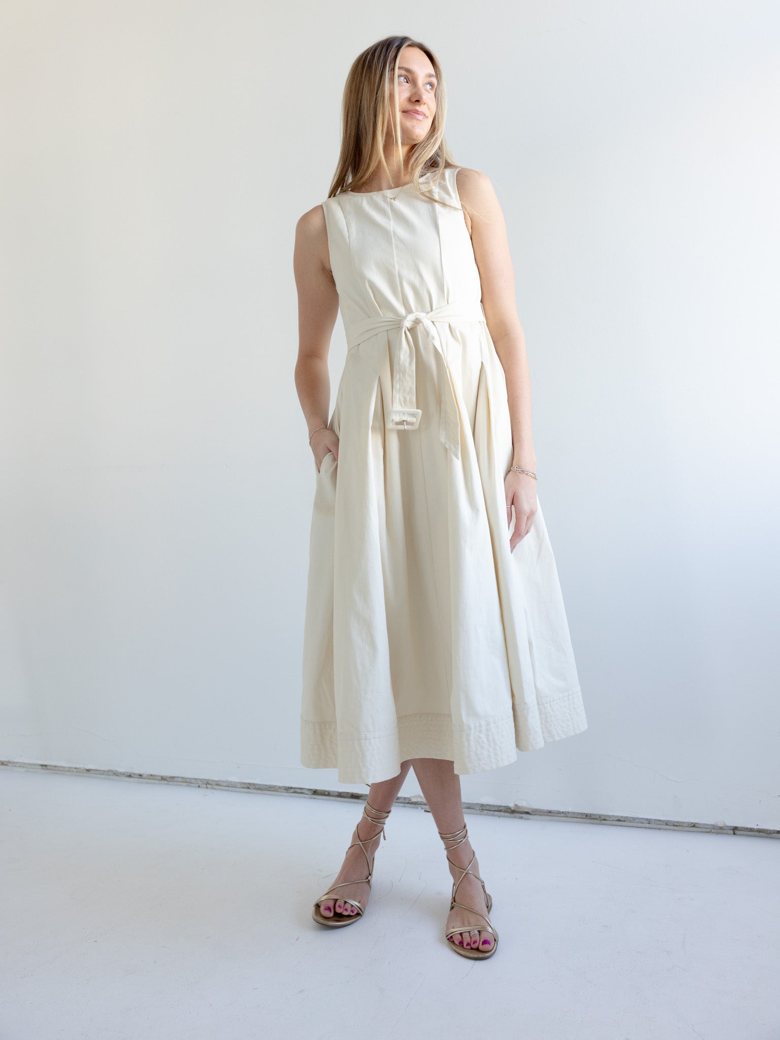 Belted Cotton Midi Dress with Pleated Skirt and Pockets