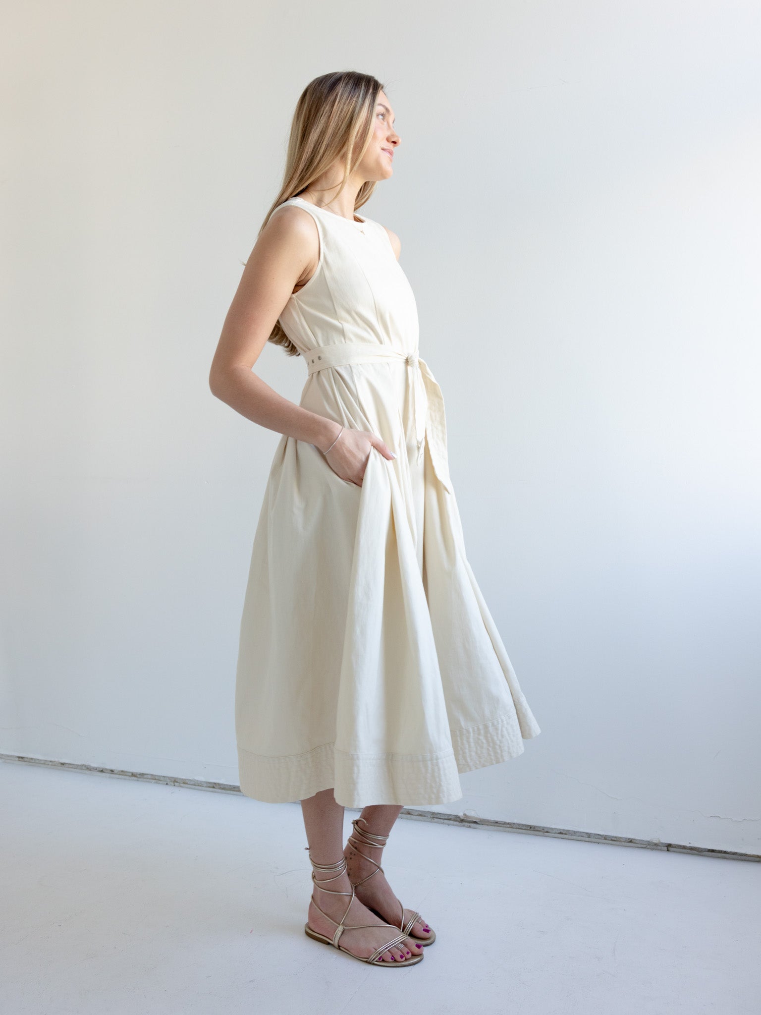 Belted Cotton Midi Dress with Pleated Skirt and Pockets