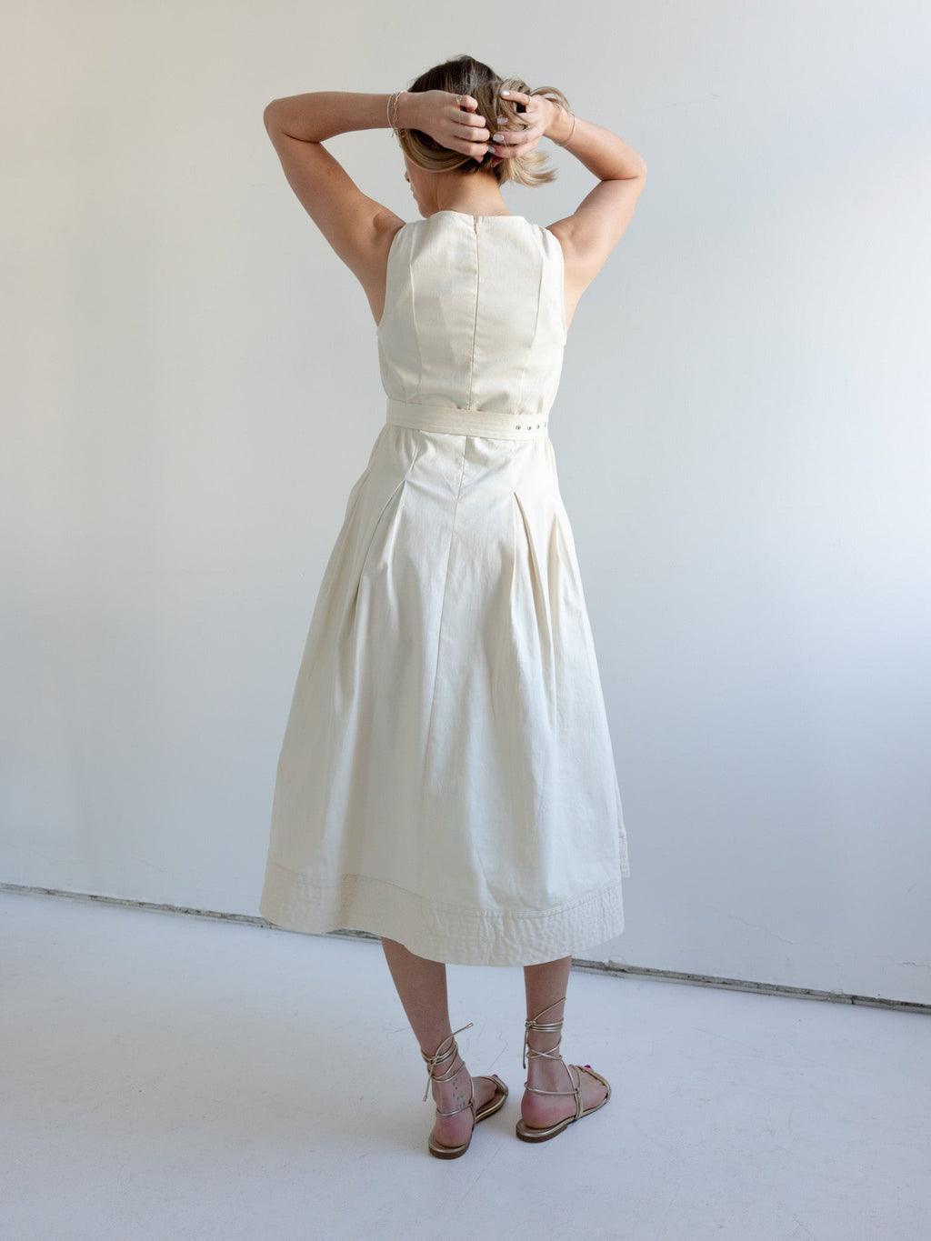 Belted Cotton Midi Dress with Pleated Skirt and Pockets