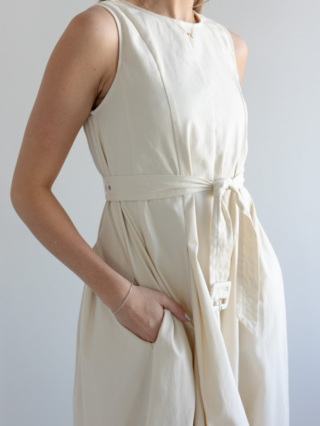 Belted Cotton Midi Dress with Pleated Skirt and Pockets