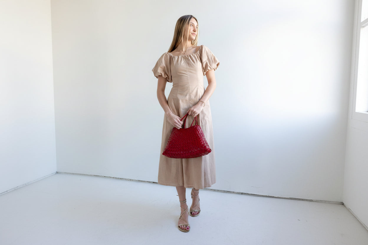 Puff Sleeve Off-Shoulder Midi Dress with Pockets