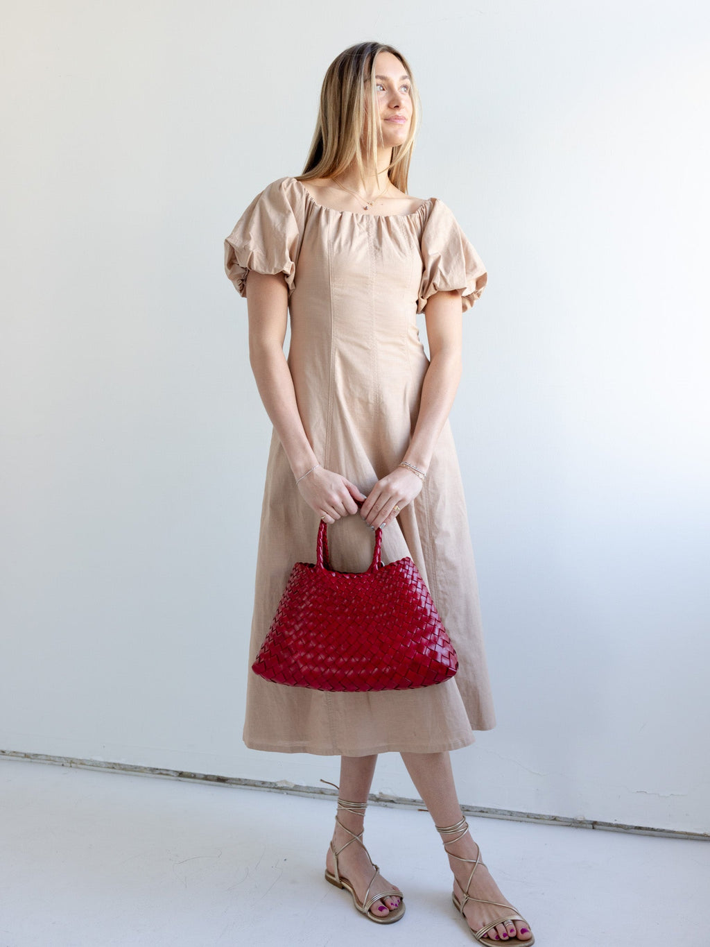 Puff Sleeve Off-Shoulder Midi Dress with Pockets