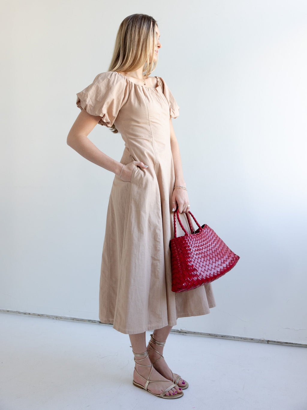 Puff Sleeve Off-Shoulder Midi Dress with Pockets